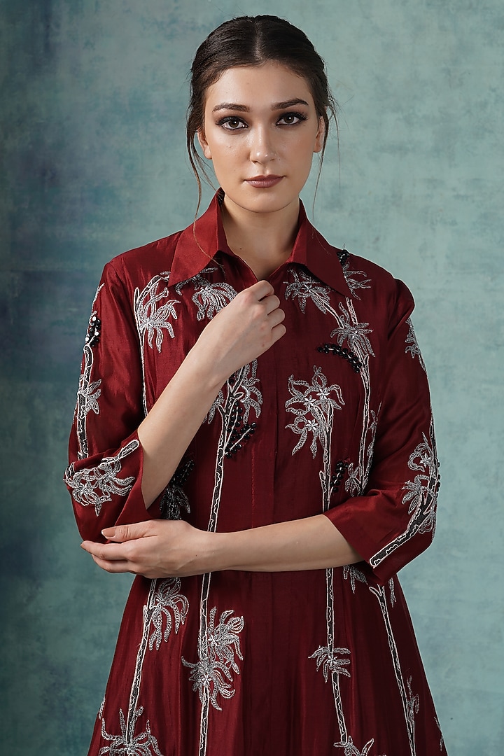 Wine Cotton Ombre Asymmetrical Jacket Party Wear Dress by Samant Chauhan at Pernia's Pop Up Shop