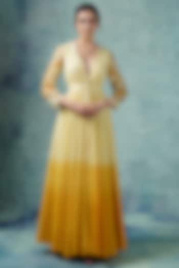 Yellow Cotton Silk Ombre Gown by Samant Chauhan