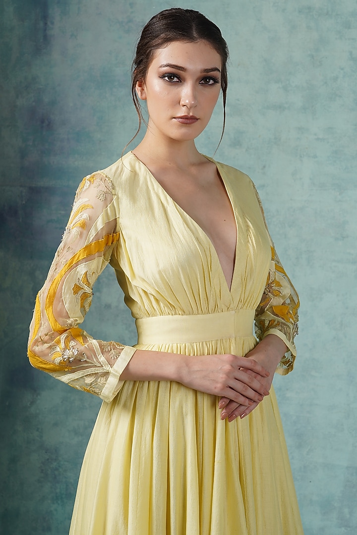 Yellow Cotton Silk Ombre Engagement Gown by Samant Chauhan at Pernia's Pop Up Shop