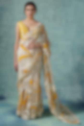 Yellow & White Organza Applique Work Wedding Saree Set by Samant Chauhan at Pernia's Pop Up Shop