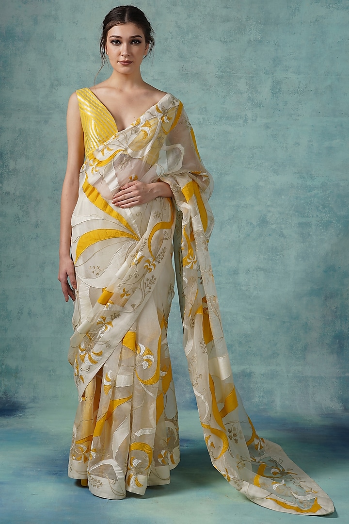 Yellow & White Organza Applique Work Wedding Saree Set by Samant Chauhan at Pernia's Pop Up Shop