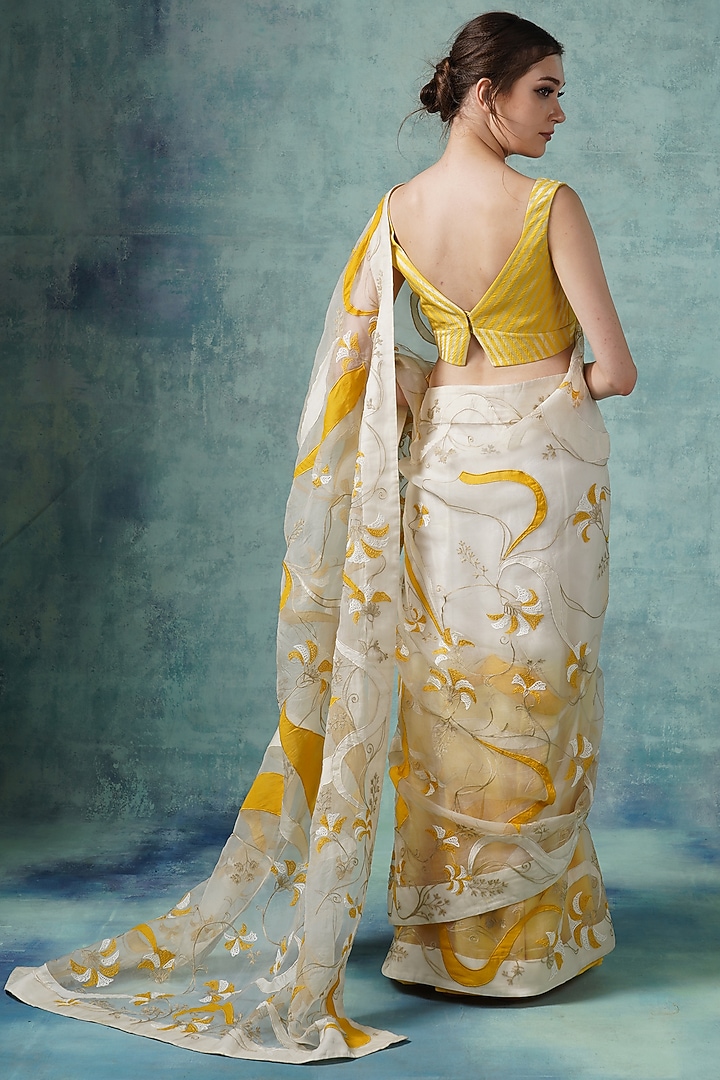 Yellow & White Organza Applique Work Wedding Saree Set by Samant Chauhan at Pernia's Pop Up Shop