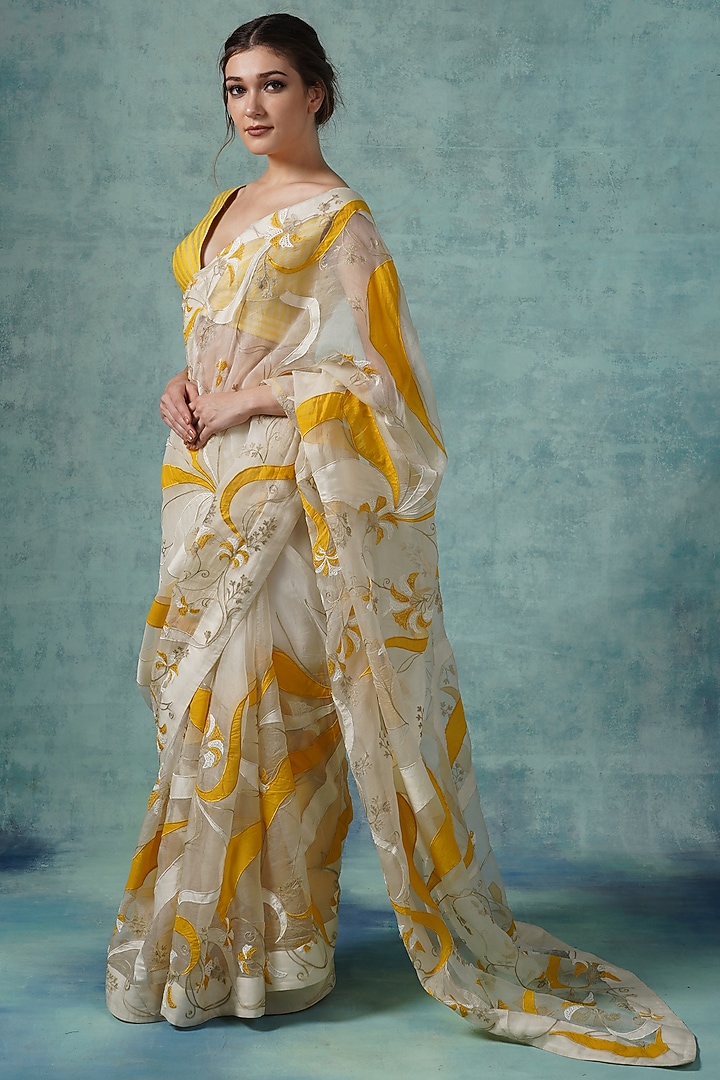Yellow & White Organza Applique Work Wedding Saree Set by Samant Chauhan at Pernia's Pop Up Shop