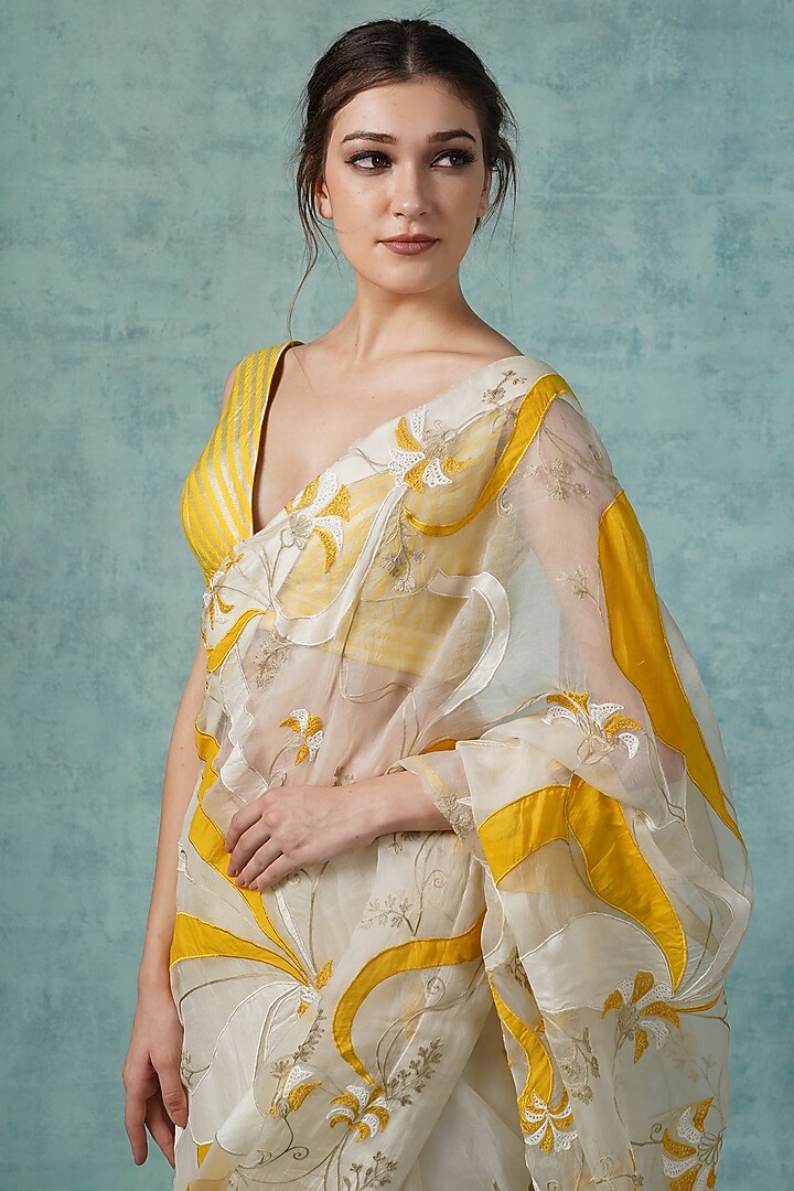 Yellow & White Organza Applique Work Wedding Saree Set by Samant Chauhan at Pernia's Pop Up Shop
