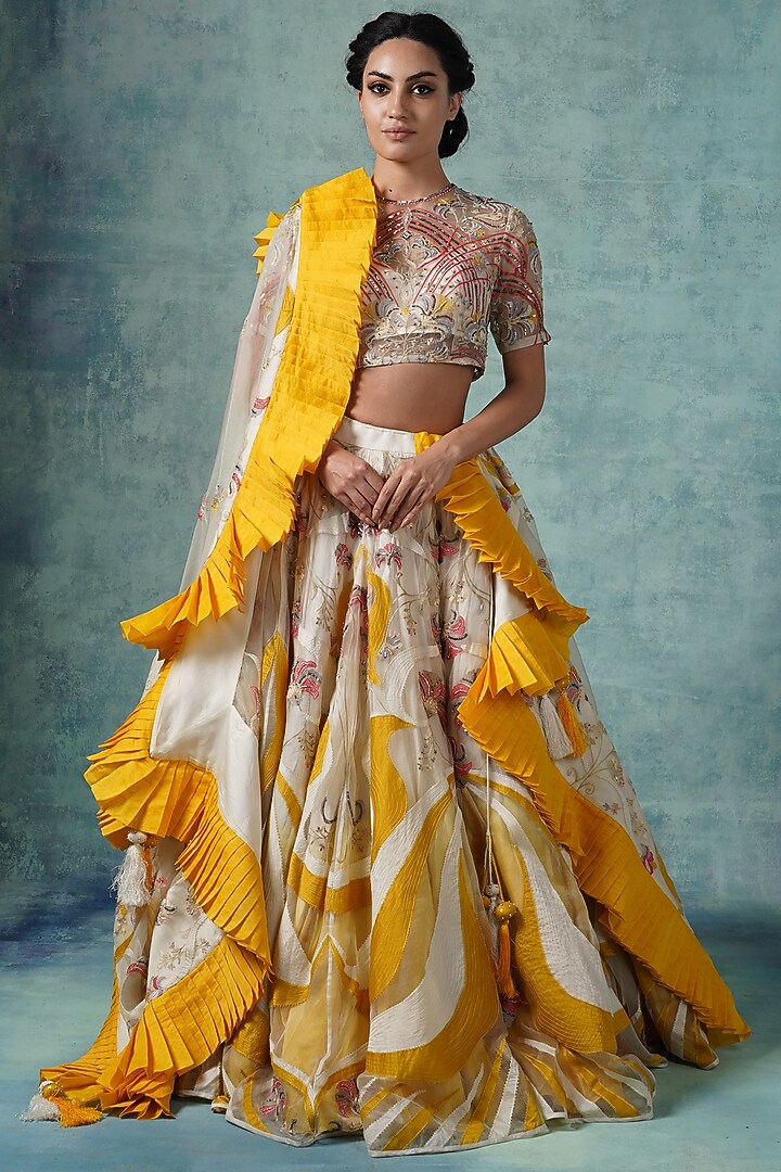Yellow & White Organza Bridal Lehenga Set by Samant Chauhan at Pernia's Pop Up Shop
