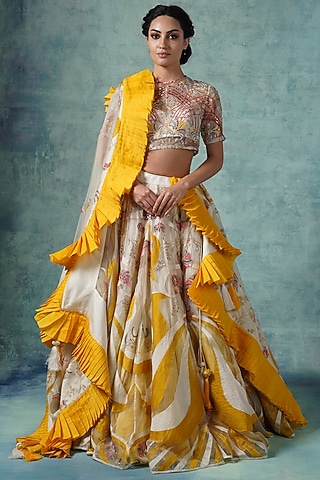 Yellow & White Organza Lehenga Set by Samant Chauhan