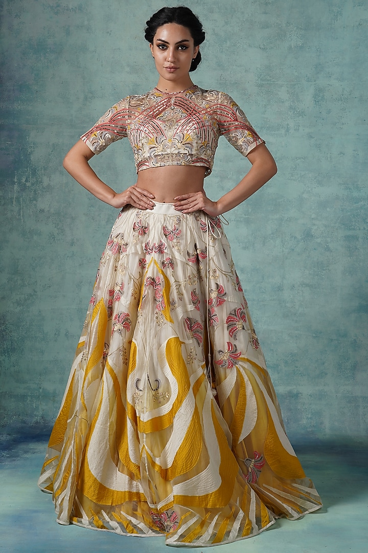 Yellow & White Organza Bridal Lehenga Set by Samant Chauhan at Pernia's Pop Up Shop