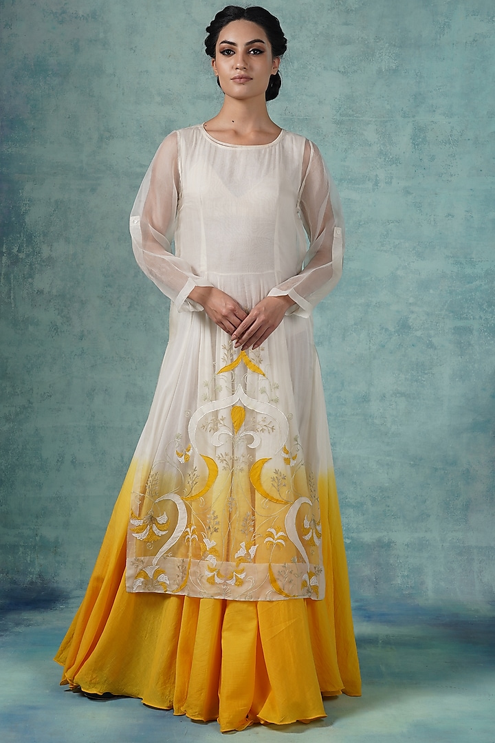 Yellow & White Ombre Jacket Anarkali Set  by Samant Chauhan