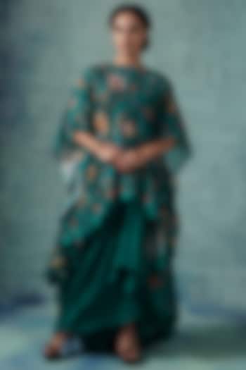 Green Cotton Silk Draped Skirt Set by Samant Chauhan