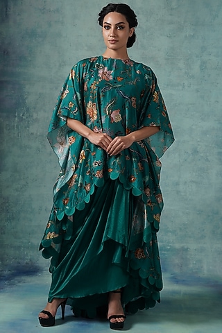 Green Cotton Silk Draped Skirt Set by Samant Chauhan