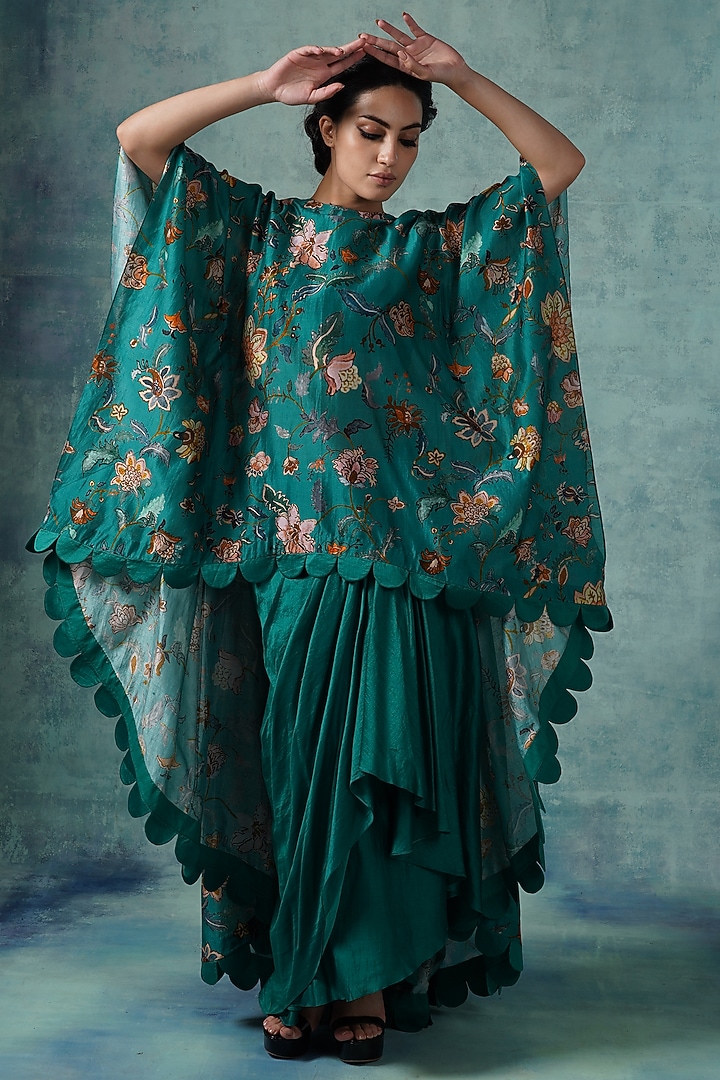 Green Cotton Silk Draped Skirt Set by Samant Chauhan at Pernia's Pop Up Shop