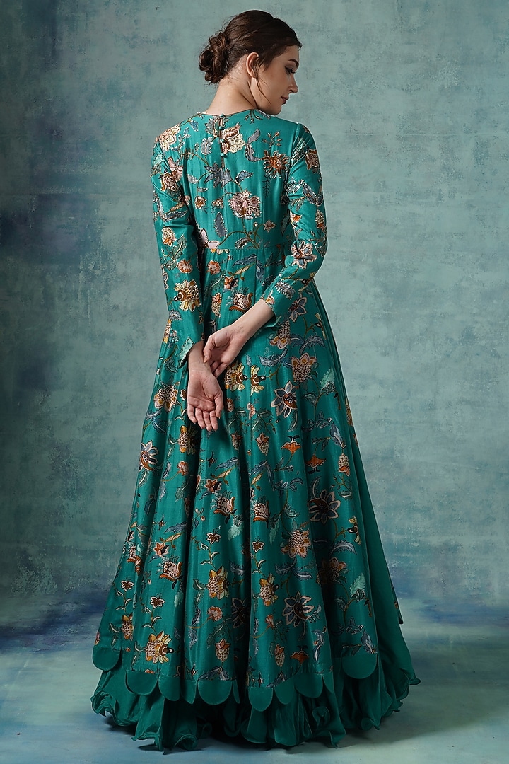 Green Chanderi Printed Wedding Anarkali Set by Samant Chauhan at Pernia's Pop Up Shop