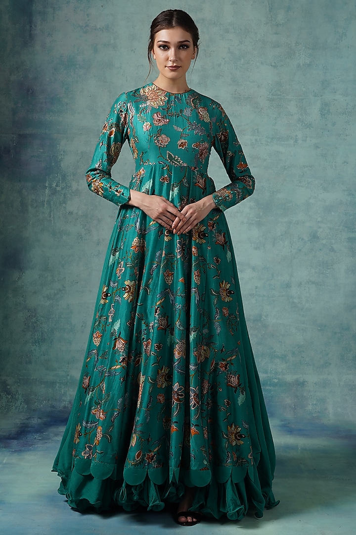 Green Chanderi Printed Wedding Anarkali Set by Samant Chauhan at Pernia's Pop Up Shop