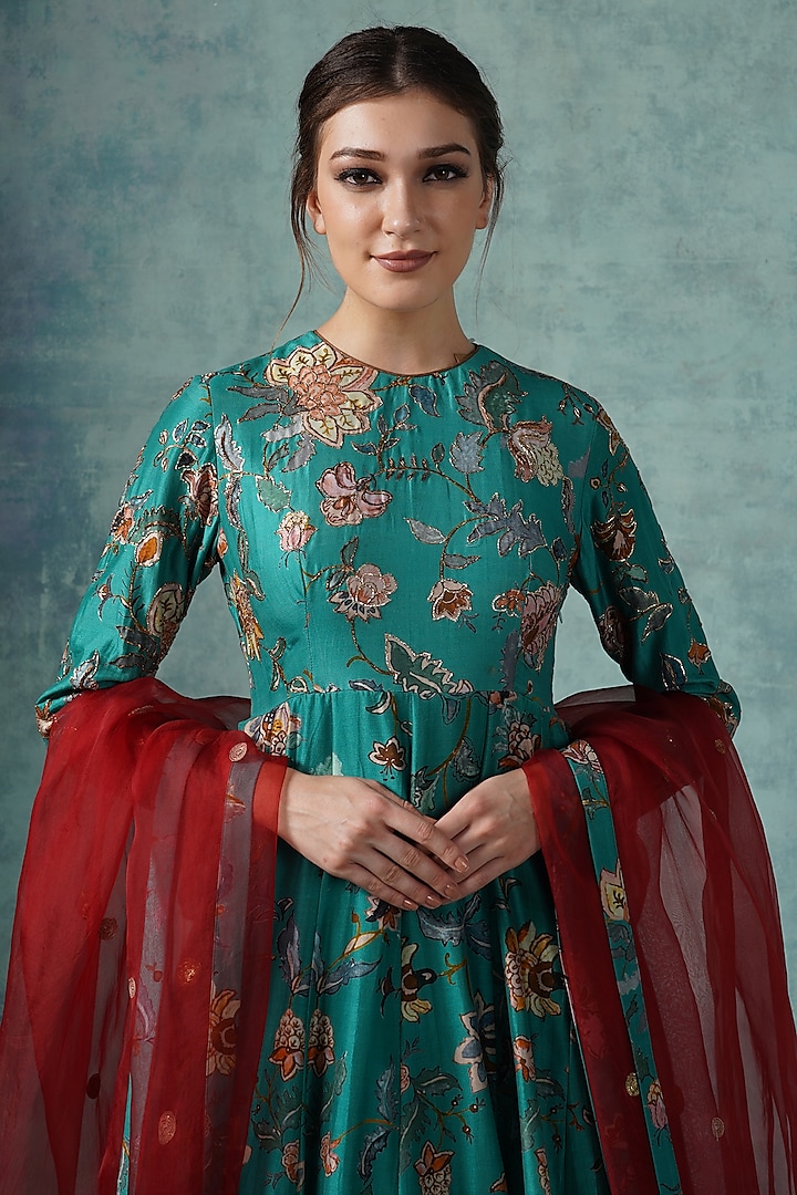 Green Chanderi Printed Wedding Anarkali Set by Samant Chauhan at Pernia's Pop Up Shop