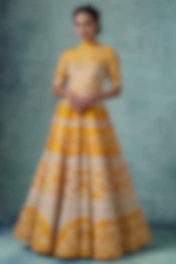 Yellow & White Embroidered Gown by Samant Chauhan