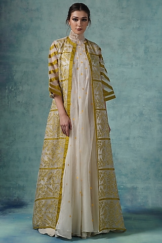 Yellow & Off-White Organza Floral Embroidered Jacket Dress by Samant Chauhan