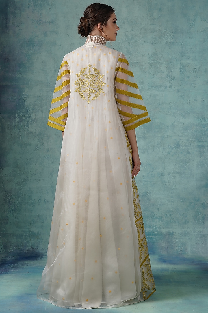 Yellow Off-White Organza Floral Embroidered Jacket Dress by