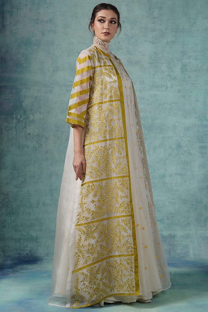 Yellow & Off-White Organza Floral Embroidered Jacket Party Wear Dress by Samant Chauhan at Pernia's Pop Up Shop