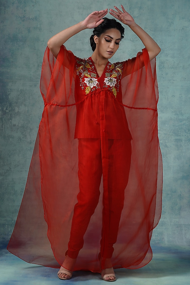 Red Cotton Silk Pant Set by Samant Chauhan at Pernia's Pop Up Shop