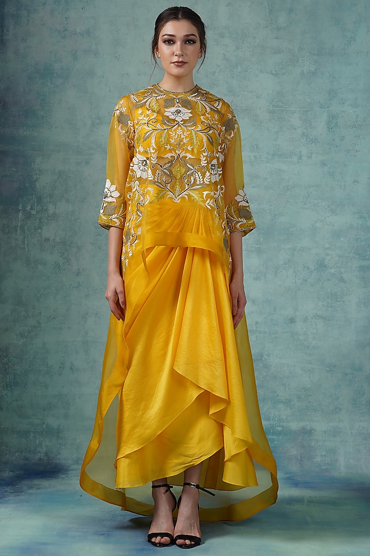 Yellow Cotton Silk Draped Skirt Set by Samant Chauhan