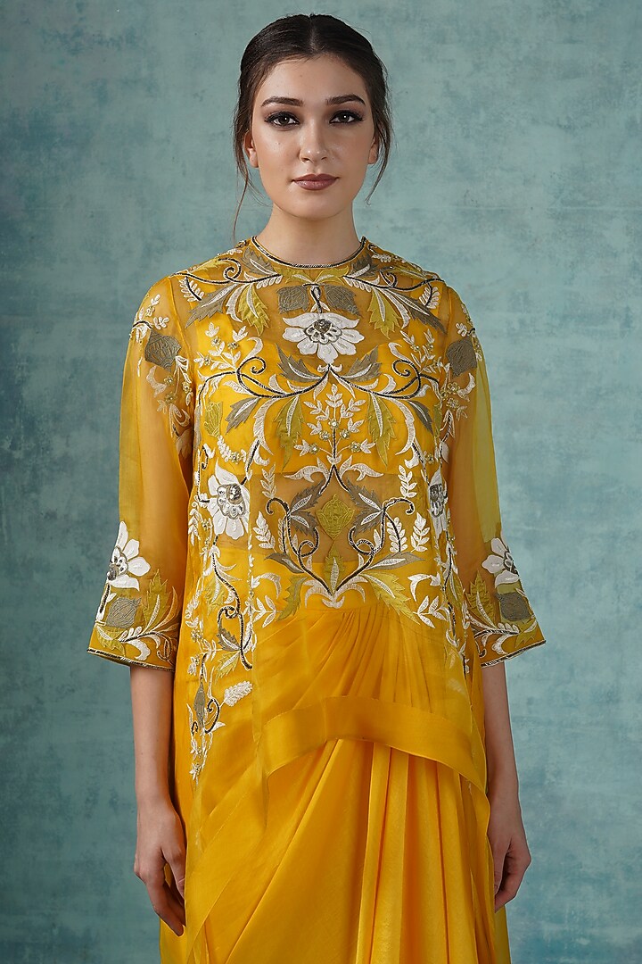 Yellow Cotton Silk Draped Skirt Set by Samant Chauhan at Pernia's Pop Up Shop