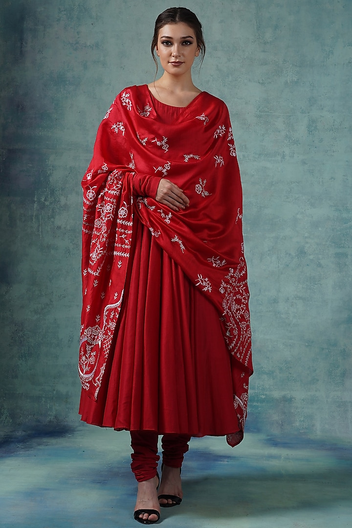 Red Cotton Silk Anarkali Set by Samant Chauhan