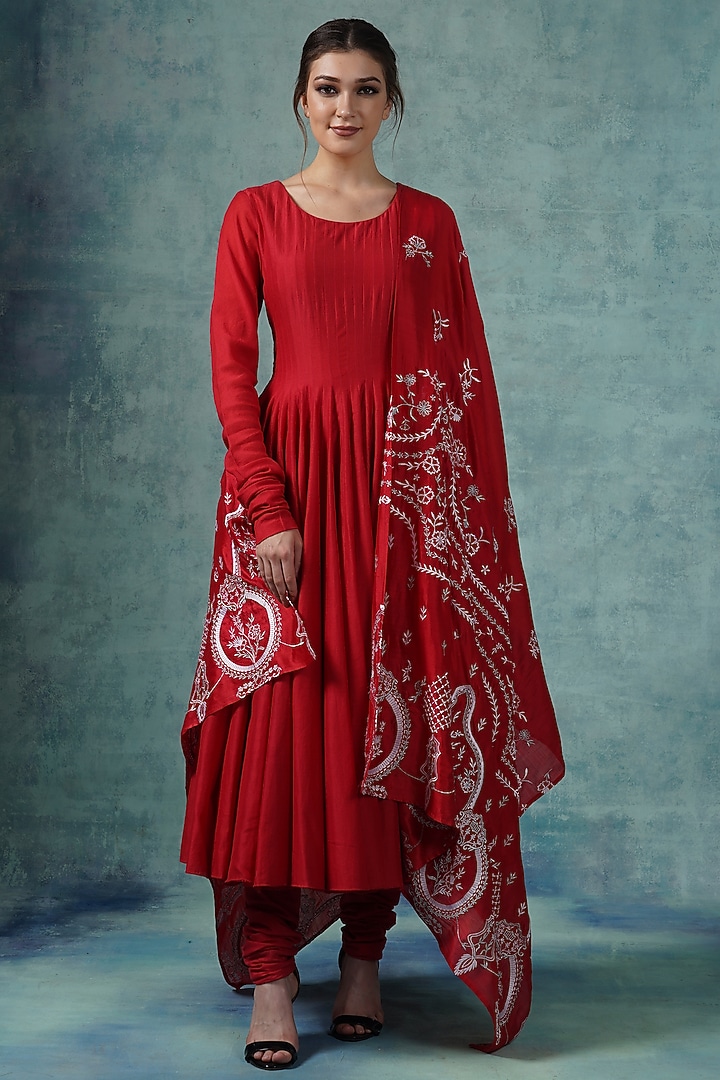 Red Cotton Silk Wedding Anarkali Set by Samant Chauhan at Pernia's Pop Up Shop