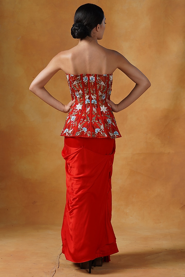 Red Satin Draped Skirt Set by Samant Chauhan at Pernia's Pop Up Shop