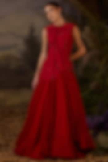 Red Cotton Silk Dori & Zardosi Embroidered Wedding Gown by Samant Chauhan at Pernia's Pop Up Shop