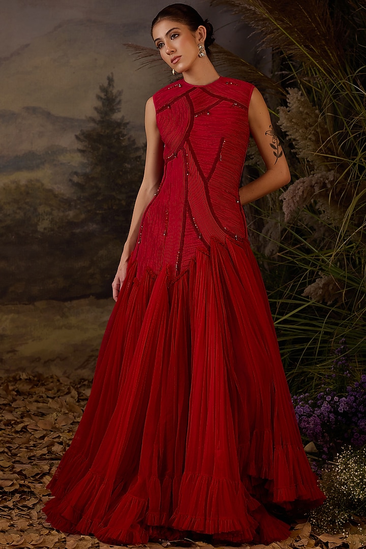 Red Cotton Silk Dori & Zardosi Embroidered Wedding Gown by Samant Chauhan at Pernia's Pop Up Shop