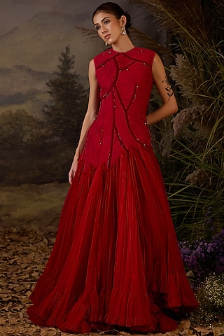 Red Cotton Silk Dori & Zardosi Embroidered Gown by Samant Chauhan