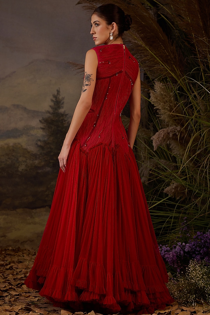 Red Cotton Silk Dori & Zardosi Embroidered Wedding Gown by Samant Chauhan at Pernia's Pop Up Shop