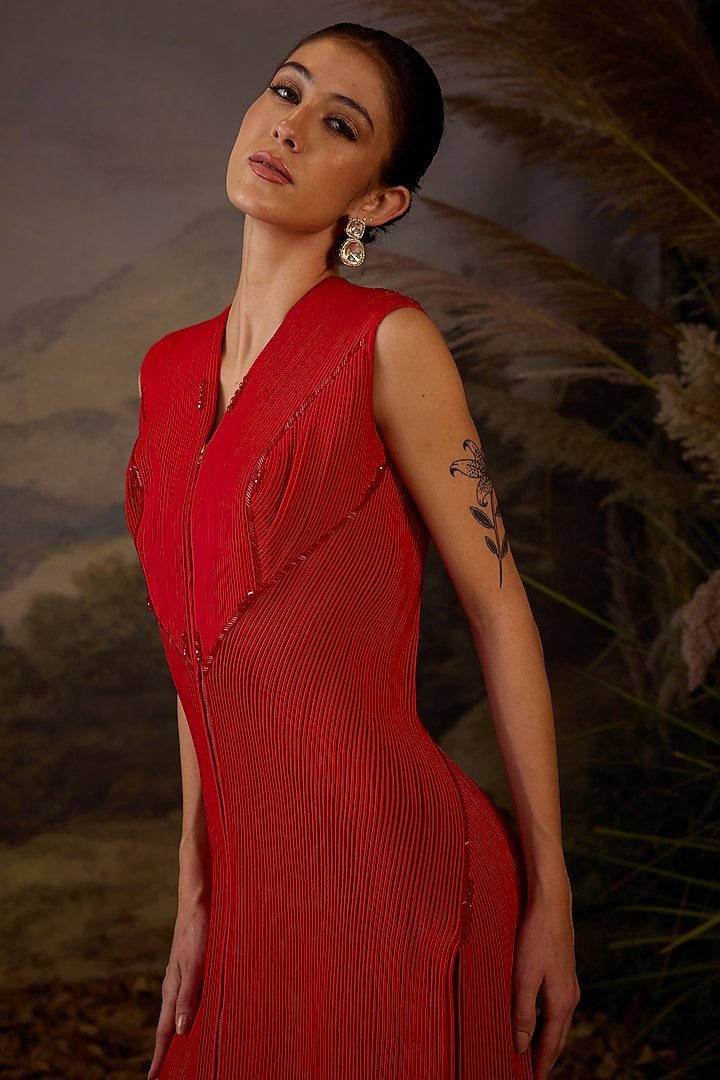 Red Cotton Silk Dori Embroidered Engagement Gown by Samant Chauhan at Pernia's Pop Up Shop