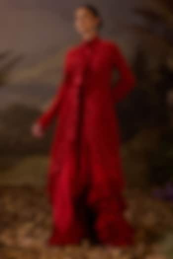 Red Cotton Floral Motif Embroidered Jacket Party Wear Dress by Samant Chauhan at Pernia's Pop Up Shop