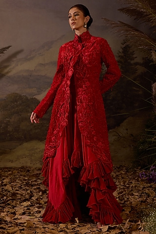 Red Cotton Floral Motif Embroidered Jacket Dress by Samant Chauhan