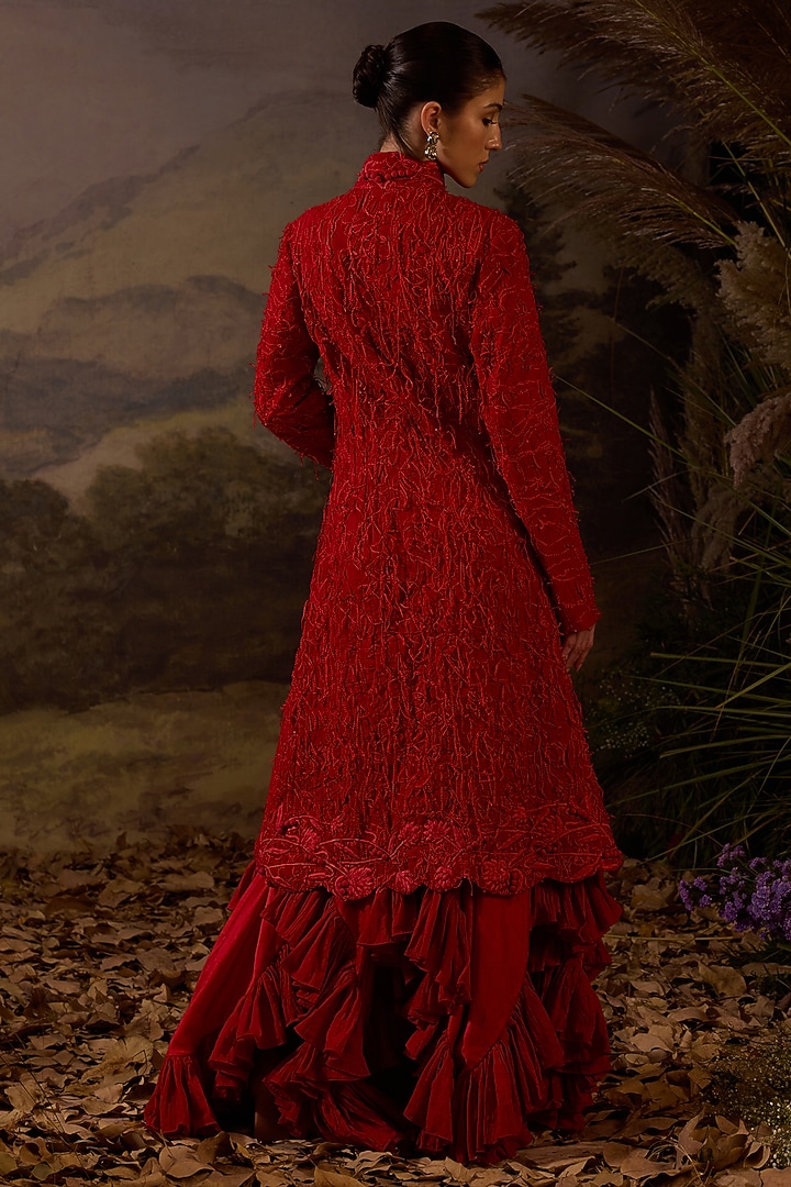 Red Cotton Floral Motif Embroidered Jacket Party Wear Dress by Samant Chauhan at Pernia's Pop Up Shop