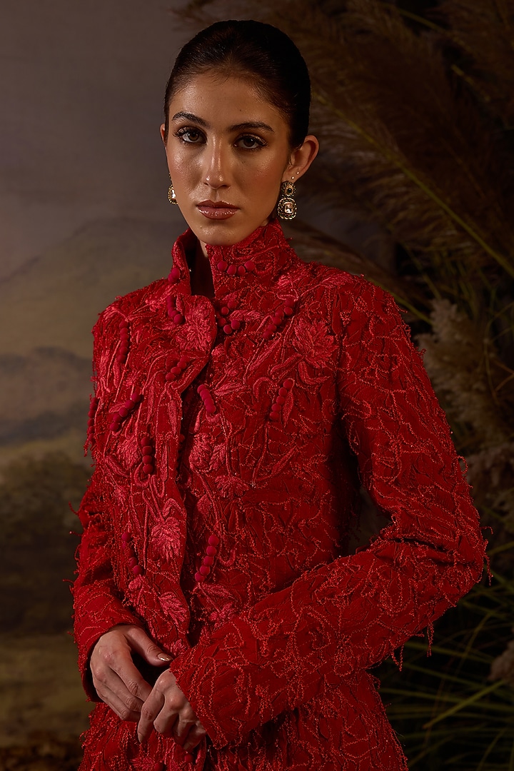 Red Cotton Floral Motif Embroidered Jacket Party Wear Dress by Samant Chauhan at Pernia's Pop Up Shop
