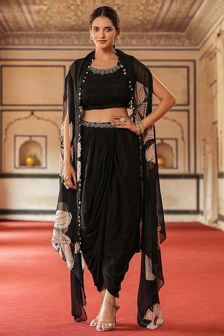 Black Organza Floral Printed Asymmetrical Cape Set by Scakhi Luxe at Pernia's Pop Up Shop