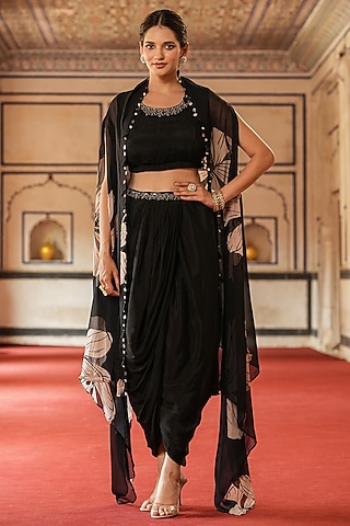 Black Organza Floral Printed Asymmetrical Cape Set by Scakhi Luxe
