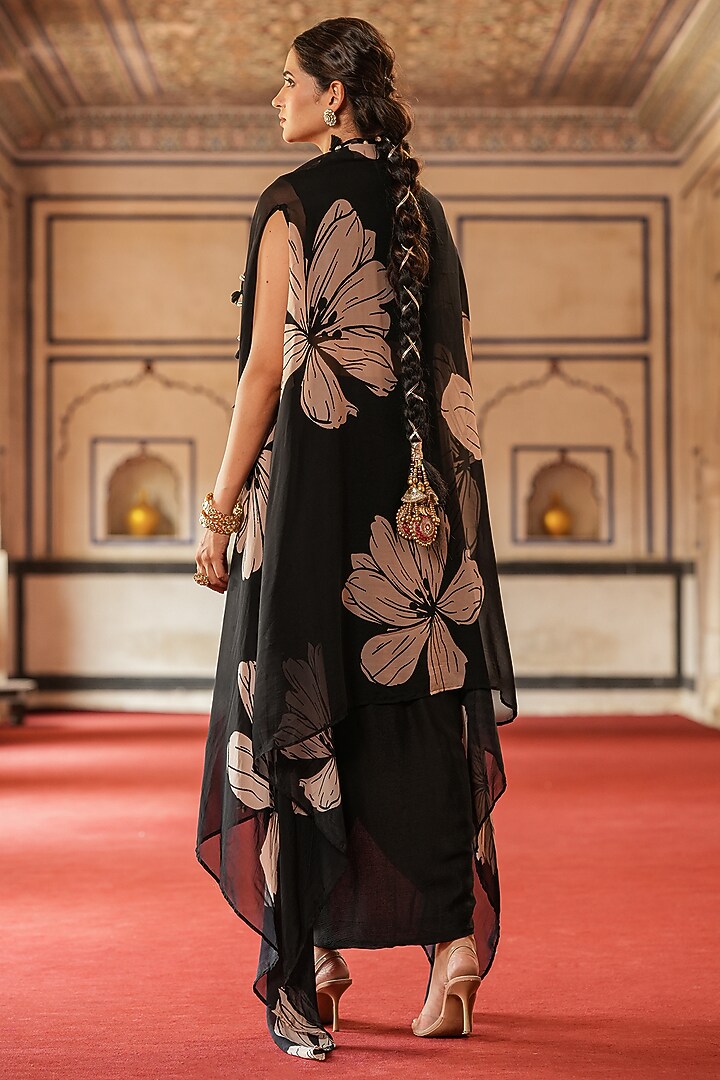 Black Organza Floral Printed Asymmetrical Cape Set by Scakhi Luxe at Pernia's Pop Up Shop
