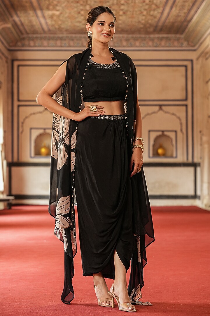 Black Organza Floral Printed Asymmetrical Cape Set by Scakhi Luxe at Pernia's Pop Up Shop