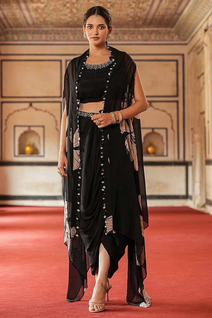 Black Organza Floral Printed Asymmetrical Cape Set by Scakhi Luxe at Pernia's Pop Up Shop