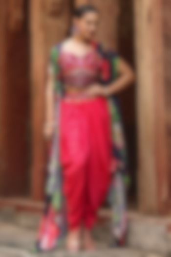 Black Satin Hand Embellished & Floral Printed Asymmetric Cape Set by Scakhi Luxe at Pernia's Pop Up Shop