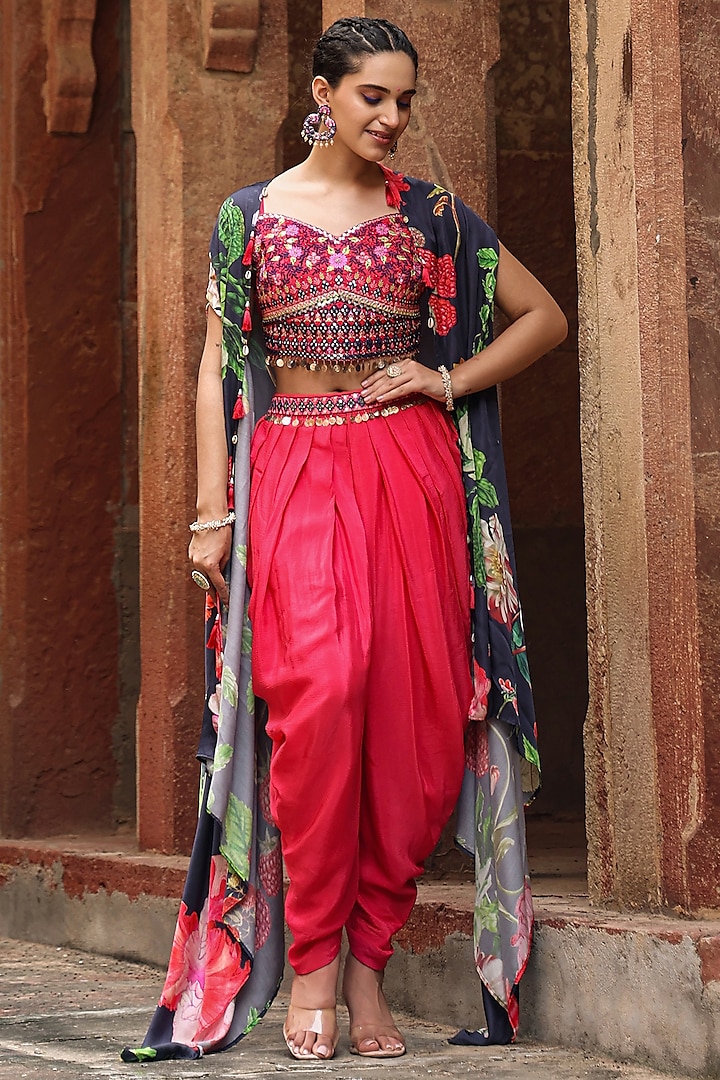 Black Satin Hand Embellished & Floral Printed Asymmetric Cape Set by Scakhi Luxe at Pernia's Pop Up Shop