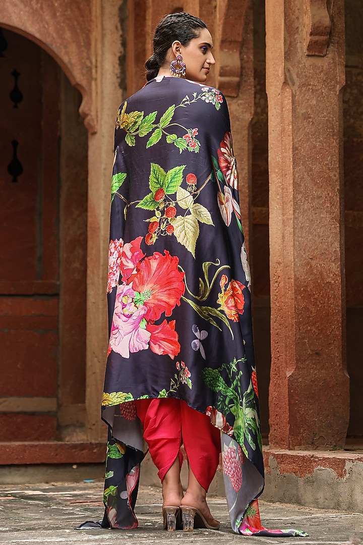 Black Satin Hand Embellished & Floral Printed Asymmetric Cape Set by Scakhi Luxe at Pernia's Pop Up Shop