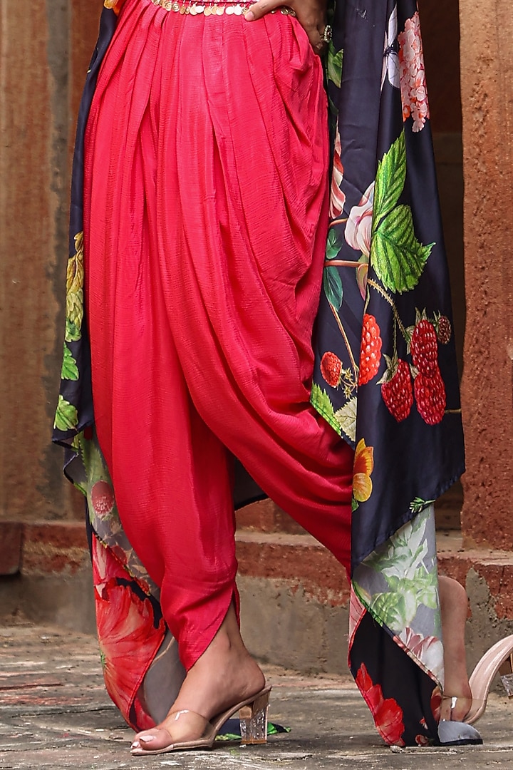 Black Satin Hand Embellished & Floral Printed Asymmetric Cape Set by Scakhi Luxe at Pernia's Pop Up Shop