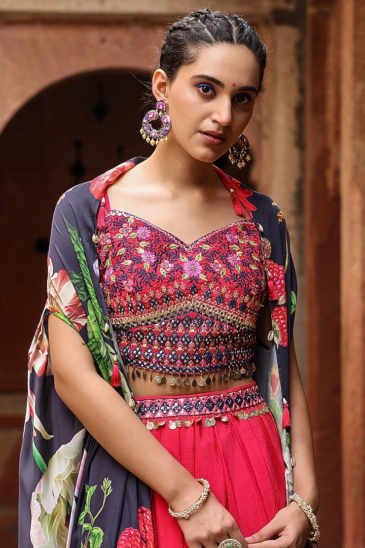 Black Satin Hand Embellished & Floral Printed Asymmetric Cape Set by Scakhi Luxe at Pernia's Pop Up Shop