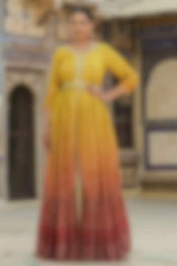Yellow Chinon Silk Bandhani Printed & Mirror Work Gathered Gown by Scakhi