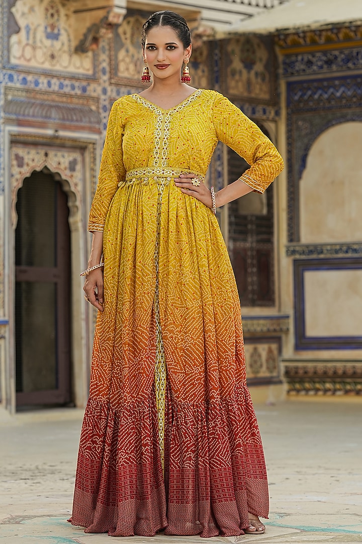 Yellow Chinon Silk Bandhani Printed & Mirror Work Gathered Gown by Scakhi