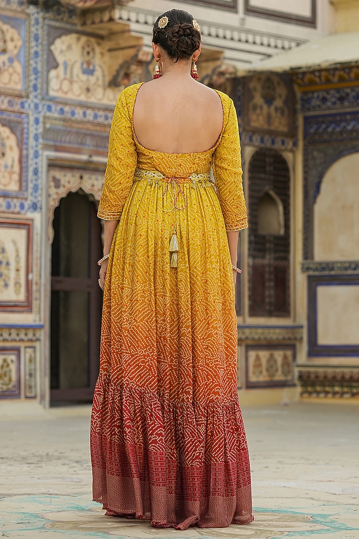 Yellow Chinon Silk Bandhani Printed & Mirror Work Gathered Gown by Scakhi Luxe at Pernia's Pop Up Shop